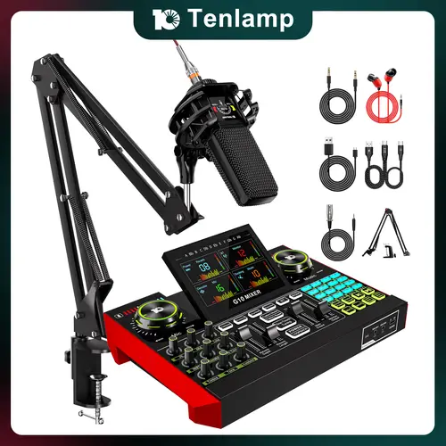 Tenlamp G10-PK PRO Sound Card Cantilever Stand with Custom Sound Effects and Condenser Microphone for Live Streaming, Gaming, Vocal Podcasting, 2-Stage Noise Cancellation, and Computer Audio Mixers