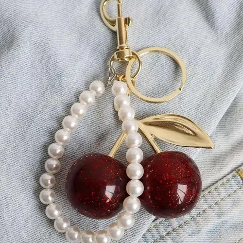 Cute Fruit Design Handbag Decoration, Pearl Chains, Fashionable Bag Accessory, Keychain for Women and Girls, Birthday Gift Idea, Charm Keychain