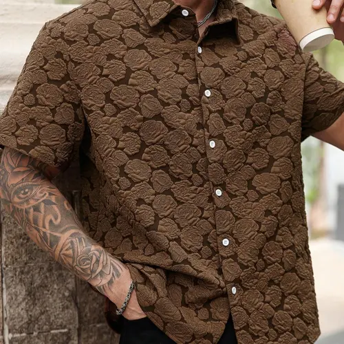 Men's Loose Rose Print Short Sleeve Shirt, Soft Comfy Button Front Collared Top for Summer, Men's Clothes for Daily Wear, Casual Printed Menswear