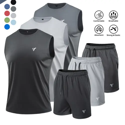 2/ 6-piece set Men's Summer Fitted Sportswear Set, Gym Workout Sportswear, Fitness Clothing, Sportswear for Training, Sleeveless Reflective Top, Breathable Polyester, Ideal for Gym, Running, Cycling, Basketball, Home Use