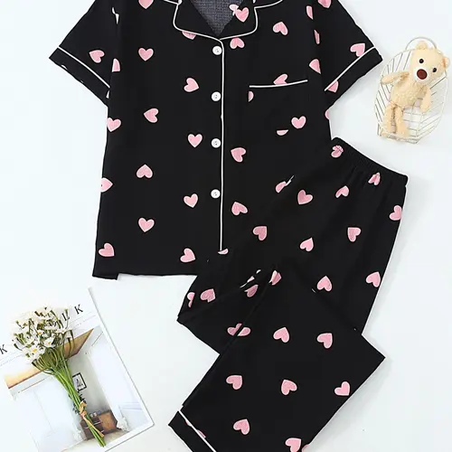 Women's Pajama Set, Cute 2-Piece Sleepwear with Short-Sleeve Button-Up Shirt & Long Pants, Notch Collar PJ Set, Soft Loungewear for Spring & Summer, Sleepwear Sets