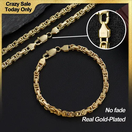 Holylegend Unisex 14 Karat Gold Plated Franco & Byzantine Chain Link Necklace and Bracelet Set Pair, 5.5mm 24-in Gold Statement Chain, Affordable Daily Wear Jewelry Gift for Fashion Lovers