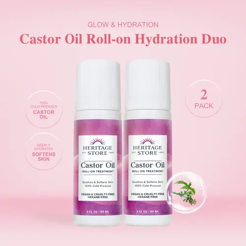 Heritage Store Castor Oil Roll-On, 2-Pack Cosmetics Oil - Hydrating for Scalp, Lashes, Brows - Vegan Body Care, Selfcare for Daily Growth Routine - Fragrance Free, Adult-Use, Approx. 60d (60 Days), Roll On Oils, Adults