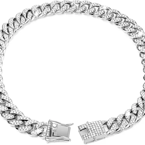 Dog Cuban Link Chain Collar with Secure Buckle, Diamond-Embellished Metal Walking Necklace, Pet Neck Accessory for Small to Large Dogs