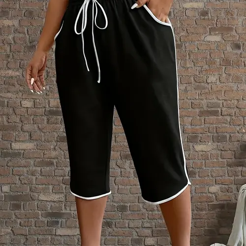 [Plus Size] Contrast Binding Capri Pants, Basic Casual Chic Summer Comfy Trousers for Summer, Women's Casual Fashion Bottoms for Daily Wear, Womenswear