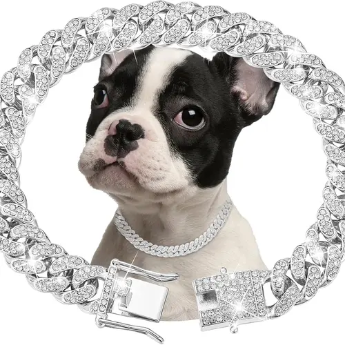 16/18/20 In Multi-Size Silver Diamond Cuban Link Dog Collar, 13mm Wide Hiphop Pet Neck Jewelry, Cool & Outstanding Metal Accessory for Small/Medium/Large Dogs (Birthday Gift Option)
