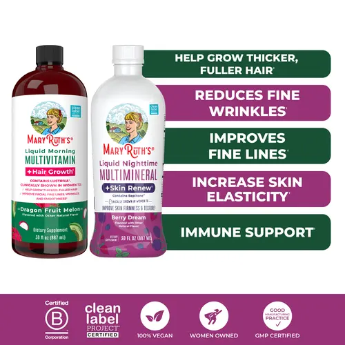 MaryRuth's Hair Growth & Skin Renew Bundle - Liquid Morning Multivitamin + Hair Growth - Liquid Nighttime Multimineral + Skin Renew