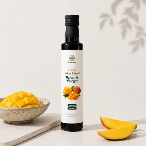 Levantine Goods Premium Gourmet Fruity Mango White Infused Balsamic Vinegar (Glass Bottle) - 8.45 Fl Oz (250ml) Low-Calorie Plant-Based Ambient Pantry Staple for Salads, Marinades