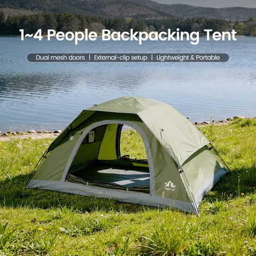 Night Cat Upgraded Waterproof Tent - 1-4 Person, Windproof Folding Backpacking Tent, 1 Min Easy Clip Setup, 3000mm Heavy Rainproof, 20% More Headroom, Lightweight Compact for Camping, Hiking, Windproof Folding Tent