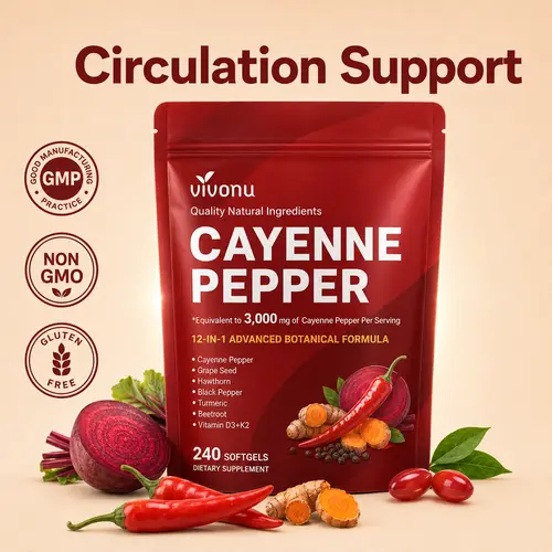 VivoNu Cayenne Pepper Softgels Supplement, Supports Leg Vein, Heart and Blood Vessel Health, with Vitamin E D3+K2 and Extracts of Grape Seed, Hawthorn, Beetroot and Others (240 Softge /1 Bag) SummerVibes