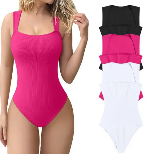 Women's Solid Ribbed Square Neck Bodysuit, Casual Comfy Sleeveless Tank Bodysuit for Daily Wear, Shapewear for Women, Ladies Shapewear for All Seasons, Body Shapewear.