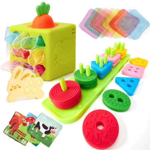 hahaland 6-in-1 Baby Activity Cube Sensory Toy - Silicone Stacking Game, Bunny Teether, Carrot Sorting, Colorful Cubes, Crinkly Fabrics, Scarves, Textures, Mirror - Montessori Early Education Toy for 6-12 Months Infants Gifts