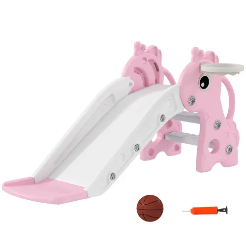 Qaba Toddler Slide with Climber, Basketball Hoop and Ball, Indoor Kids Slide with Giraffe Design, Freestanding Playground Equipment for Age 1-3 Years