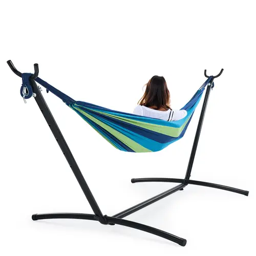 Double Hammock With Carry Bag, With Space-Saving Stand, Heavy-Duty Steel Frame, 450 Lb. Load Capacity, Easy To Assemble, For Patio, Park, Outdoors