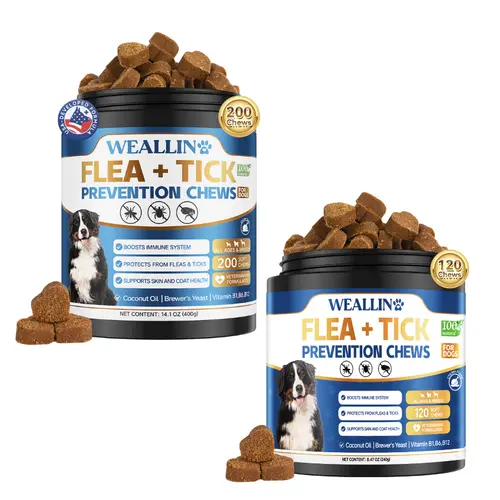 WEALLIN Dog Flea & Tick Support Chewables - 120/200 Soft Chews Bottle Pack, Natural Oral Supplement with Coconut Oil & Flaxseed, Vitamin-Infused for Daily Use Skin & Coat Health, All Breeds & Sizes, Skin Health, Gentle Action
