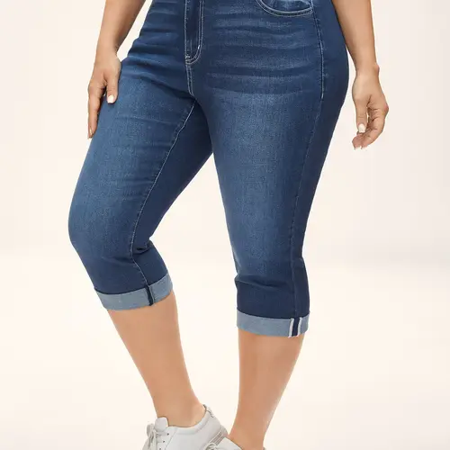 Tummy Control Butt Lifting Fitted Cropped Denim Jeans - Skinny Slim Curvy Bottom Clothes, Midblue/Darkindigo Below-Knee Capris, Whiskered Wash, Butt-Lifting, Slanted Pockets, Zipper Closure Streetwear Womenswear,Summerfinds