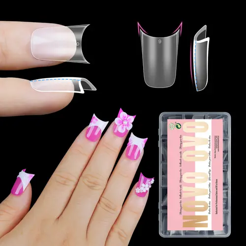 NOVO OVO Extra Thick Short Duck Feet Nail Tips with Moon Curve Full Cover for Press on Acrylic, Short Clear Pre-Etched Matter Flare Wide French Soft Gel Fake False Nail Extension x 15 Sizes 240 pcs, Nail Enhancements, Gel Acrylic Nails, Short Press On Nai