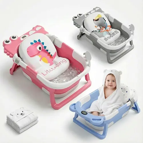 MoreFeel Single Collapsible Baby Bathtub Set - 0-36 Month Newborn to Toddler, Home & Camping Use, Real-Time Temperature Sensor Floating Supportive Cushion, Swing Seat, Baby Shower & Bathroom Essential, Comfortable Supplies