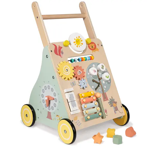 [Back To School] MOREFEEL Wooden Toddler Push Walker - Adjustable Handle Bar Toddler Walking Helper, Multi-Functional Infant Walker with Rotary Gears, Animals & Mirror Maze for Motor Skill Development, Activity Walker, Unisex