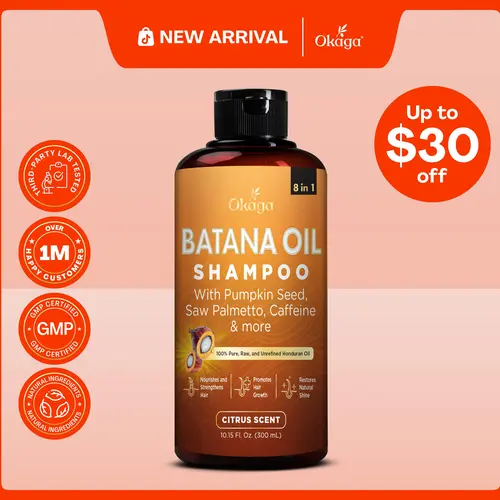 Okaga Batana Oil Shampoo - Support Hair Growth, Strengthening, & Cleansing - 8 in 1 Formula of Natural & Organic Ingredients for Healthy Hair - (300 mL)