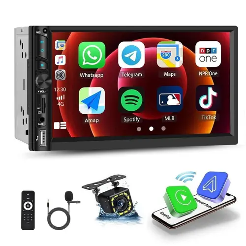 7-inch IPS Touch Screen Double Din Wireless CarPlay Android Auto Car Video Player - Auto Radio with YouTube Playback, WiFi GPS, FM, Hands-Free BT, MirrorLink, Backup Camera, EQ, USB, Auxiliary Input, SWC, MIC, Car Accessories, Father's Day Gift
