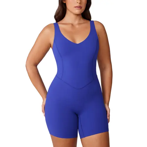 UNISSU Women's Hugcurve V-Neck Workout Romper Jumpsuit - Sport Style, Yoga Activewear, Pad On or Off Shorts