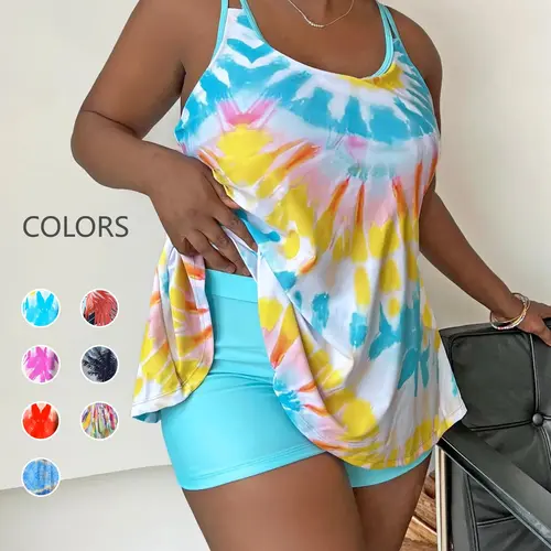 Plus Size Tie Dye Print Two-piece Tankini Set, Casual Swim Top & Swim Bottom, Women's Swimsuits Sets for Beach Holiday Vacation, Tankini Swimwear Set, Swimwear Beach Outfits, Tankini Beachwear