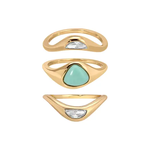 Ettika Turquoise Solstice Ring Stack - Brass 18k Gold Plated Reconstituted Turquoise Gemstone Jewelry Set Solitaire Stackable Rings