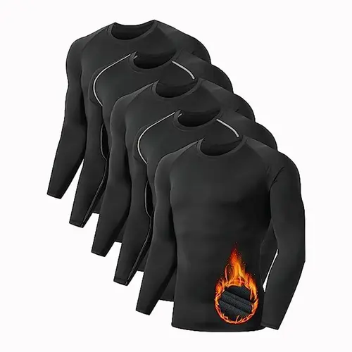 Men's 5-Pack Fleece-Lined Thermal Compression Tops, Long Sleeves Menswear, Cold Weather Athletic Base Layer Gym Workout Clothes for Outdoor Workout