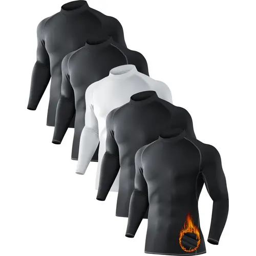 Hovsiyla 5 Pack Men's Thermal Turtle Mock Neck Shirts, Long Sleeve Compression Shirts Fleece Lined Undershirt Base Layer Tops,clothes for back to school,first day of school outfits