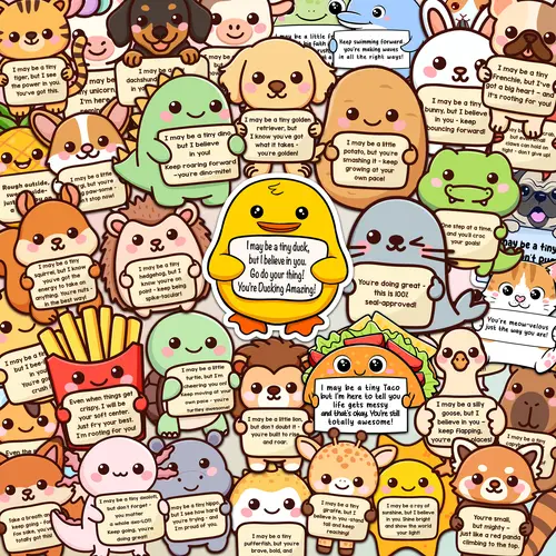 Water Resistant Cute Vinyl Decal Stickers - Affirming Animal Motifs, Supportive Office Labels, Mental Health Boost Gifts for Kids & Colleagues