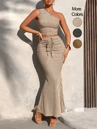 Women's Striped Print One Shoulder Crop Top & High Waist Skirt Set, Casual Fashion Cozy Two-piece Set for Daily Outdoor Wear, Women's Clothing for Summer, Lady Clothes, Womenswear, Sleeveless, Matching Clothing Set, Summer Sets