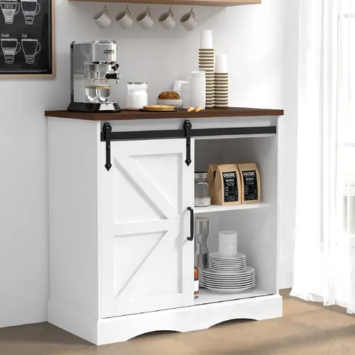 Modern Farmhouse Coffee Bar Station Cupboard - White MDF Wood Buffet Storage Cabinet, Entryway Table with Sliding Barn Door, Adjustable Shelves, Collectibles Storage for Kitchen, Home Decor