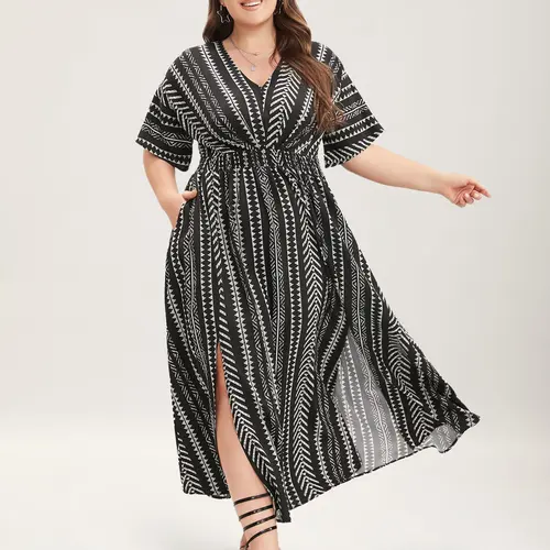 BloomChic Plus Size Midi Dress for Women [M-6X] – Geometric Print Flowy Summer Dress, Shirred Waist Dolman Sleeve Casual Dress with Pockets, Vacation & Everyday Outfisummeroutfits,vacationoutfits,beachoutfits,Summerfinds