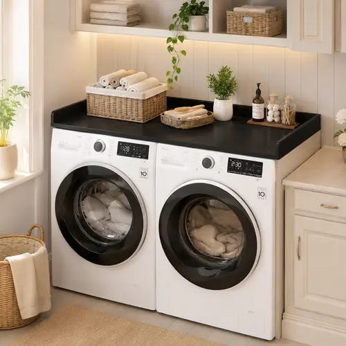 54"x27.5" Premium Wood Laundry Washer & Dryer Countertop - Sleek Modern Design Storage Organizer Board with Pre-Drilled Holes, Non-Slip Silicone Pads, Round Corner Edge Rails, Stable Fold Station, Easy Install