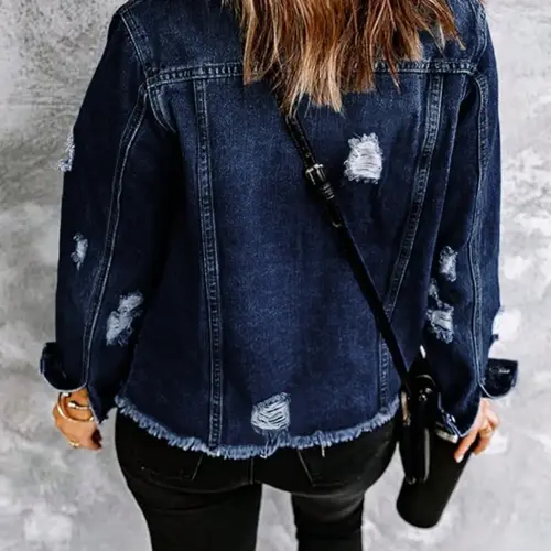 Women's Fall Winter Washed Denim Jacket Coat, Vintage Ripped Aesthetic Fashion Long Sleeve Jacket, Casual Autumn Winter Outerwear Outfits