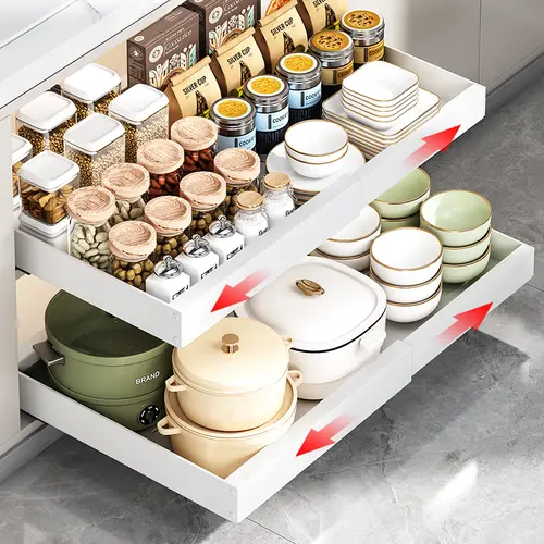 Industrial Carbon Steel Pull-Out Cabinet Organizer, Scratch-Resistant Deep Sliding Drawer Shelf - Frame Storage Rack & Storage Holder for Kitchen Cabinets, Compatible with Adhesive Shelf Organizers, Smooth