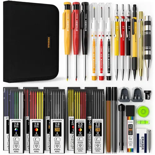 STAGEEK 49/34PCS Carpenter Pencil Set with Sharpener Mechanical Pencils Long-Nib Marker Pens Carbide Scribe Tool for Woodworking with Case