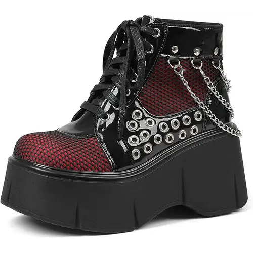 AOSPHIRAYLIAN Women's Goth Chunky Ankle Boots - Cross Decor Chain, Platform, Zip, Round Toe, Lace-Up, Wedge Footwear - Black, Red Punk Party Alternative Style Fabric Chunky Shoes (Clearance Sale)