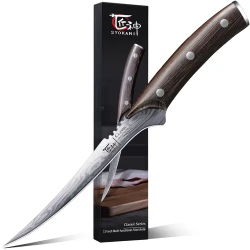 SYOKAMI 7.2-Inch High Carbon Stainless Steel Fillet Knife, Razor Sharp Flexible Full Tang Damascus Pattern Boning Knife, Wooden Handle Kitchenware with 0.43" Table Lift, Close Trim Control, Guarded Finger Base, Secure Wet Grip, Ideal Mother's Day Gift