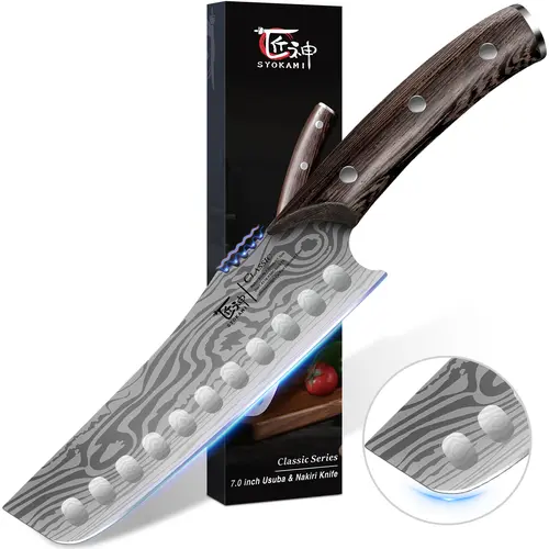 #sohochic SYOKAMI 7.2 in Straight Edge Japanese Nakiri Chef Knife - Kitchenware Stainless Steel Knives, Razor Sharp for Precision Cooking Cutting, Damascus Pattern, Durable Full Tang Ergonomic Non-Slip Wooden Handle, Mother's Day Gifts, Adults, Pre