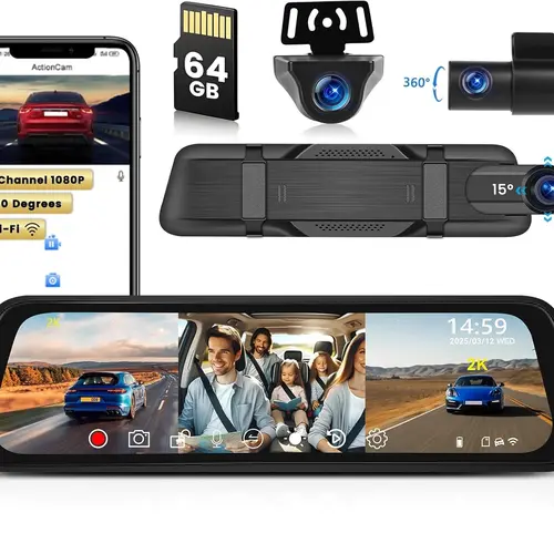 3 Channel 9.66" Mirror Dash Cam with Front 2K, Inside & Rear 1080P with WiFi, G-Sensor, Loop Record, Enhanced Night Vision, Reverse Assist, Parking Monitoring, Free 64GB Card, car accessories,SummerVibes, Driving Camera, Night View Enhanced