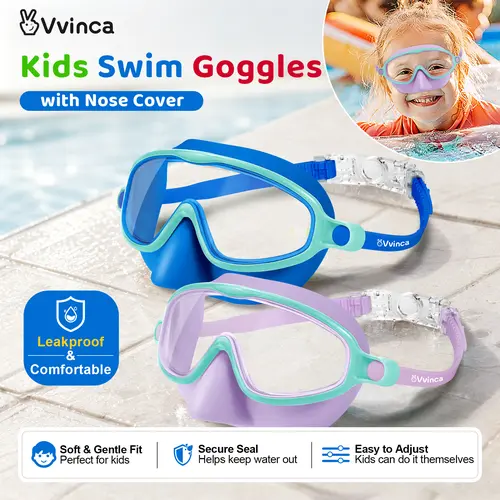 [Summer Outfit] Vvinca Swim Goggles 2 Pcs with Nose Cover for Ages 3-6/6-12+ Kids,Youth,UV Protection Anti-Fog Wide View Anti-Shattered Lens for Boys and Girls-Safety anti-uv swim glass anti-fog swimming goggles for Lake,Beach, Summer Party