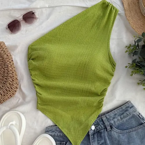 Women's Solid Color Ruched One Shoulder Top, Casual Soft Sleeveless Top for Daily Wear, Ladies Clothes for Summer, Casual Sleeveless Tops