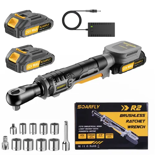 SOARFLY 3/8" Electric Ratchet, 250RPM, 2 x 21V Batteries, With Variable Speed, 8 Sockets, 1/4" and 1/2" Adapter, 3" Extension Bar