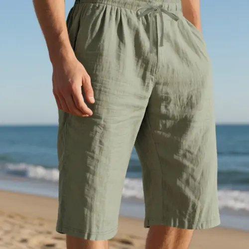Men's Solid Color Linen Knee-Length Shorts, Regular-Fit Casual Comfy Drawstring Waist Shorts for Daily Wear, Men's Bottoms for Summer, Streetwear, Street Style Shorts, Sporty Shorts, Drawstring Athletic Shorts