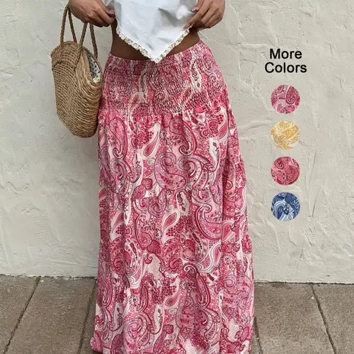 Women's Paisley Print High Waist Maxi Skirt, Boho Style, Fitted Shirred Design, Comfortable All-Season Wear, Perfect for Vacation and Daily Casual, Aesthetic Fashionable Skirt