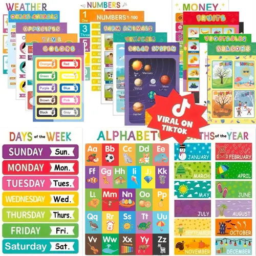 16 Pcs Laminated Educational Wall Posters for Kids and Toddlers Classroom and Teacher Decor for Kids, Perfect for All Ages, Ideal for Elementary and Colorful-Themed Rooms and Classrooms