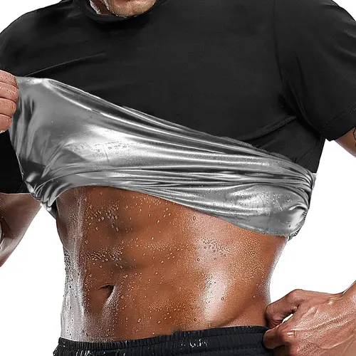 Men Performance Sauna Workout Short Sleeve T‑Shirt, Upgraded Sweat Fabric Gym Training Tee for Weightlifting Exercise Fitness Training(Order One Size Up)