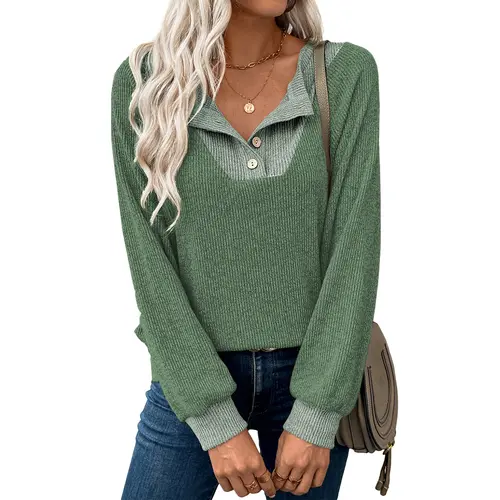 Gaovot Women's Casual Sweatshirt, Puff Long Sleeve V Neck Button Up Pullover Top, Solid Lightweight Top for a Casual OOTD, Fitted, Women's Tops,clothes for back to school,first day of school outfits